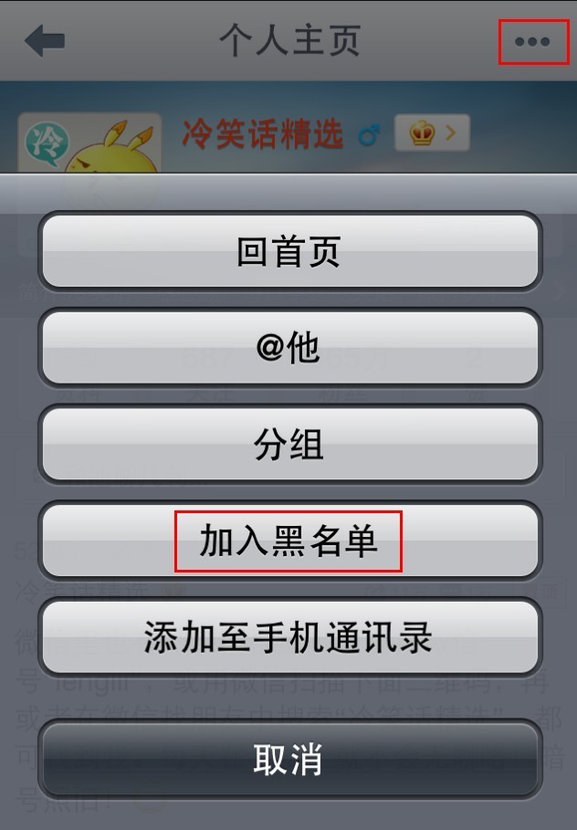 新浪微博如何使用iPhone客户端将用户加入/解除黑名单？1