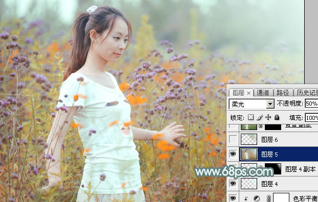 Photoshop给花中的美女加上甜美的秋季淡黄色45