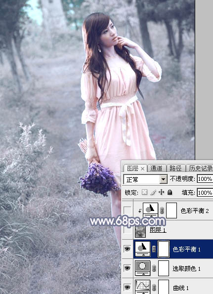 Photoshop打造梦幻的淡蓝色树林美女图片15