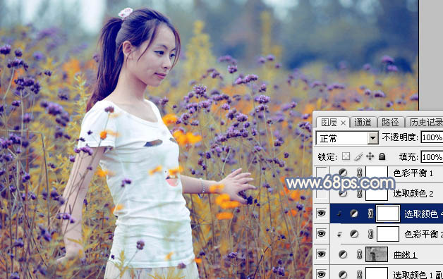 Photoshop给花丛中的美女加上秋季黄紫色16