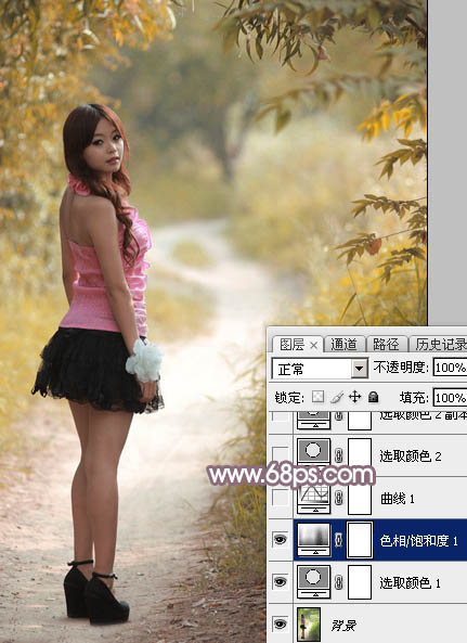 Photoshop给树林中的美女加上唯美的秋季蓝红色9