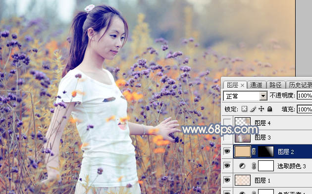 Photoshop给花丛中的美女加上秋季黄紫色30