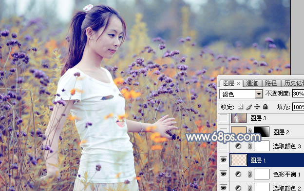 Photoshop给花丛中的美女加上秋季黄紫色24