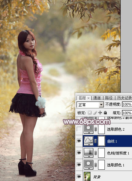 Photoshop给树林中的美女加上唯美的秋季蓝红色13