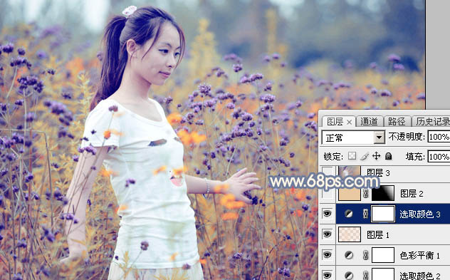 Photoshop给花丛中的美女加上秋季黄紫色29
