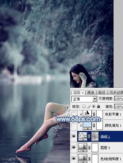Photoshop给塘边的美女加上唯美的秋季青蓝色8