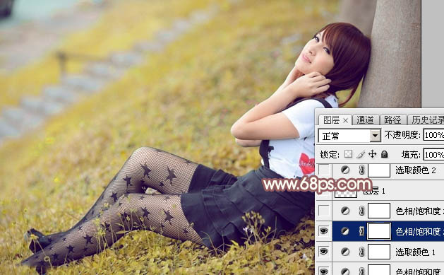 Photoshop给依靠树干的美女加上早秋黄褐色10