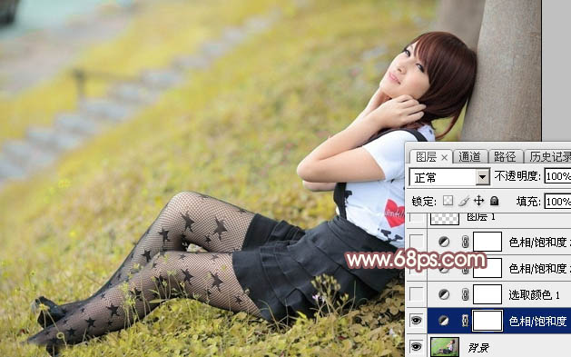 Photoshop给依靠树干的美女加上早秋黄褐色4