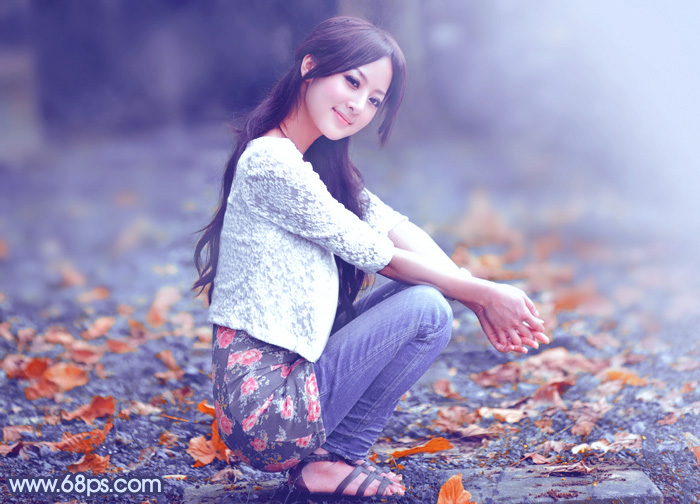 Photoshop打造甜美的深秋暗蓝色外景美女图片1
