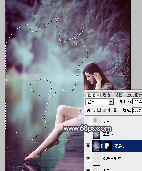 Photoshop给湖景美女图片加上唯美的青紫色36