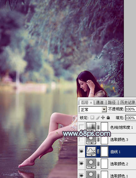 Photoshop给湖景美女图片加上唯美的青紫色11