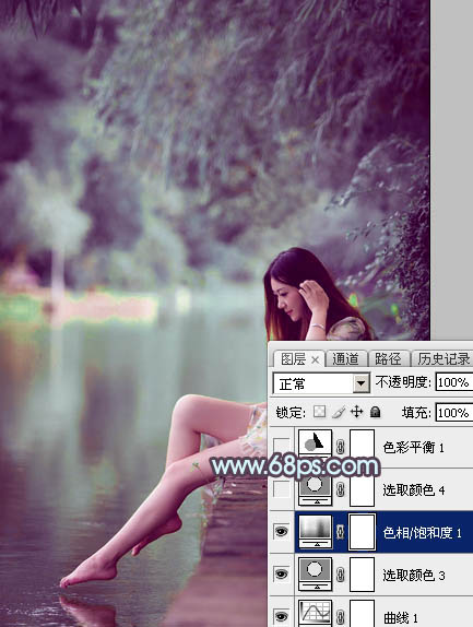 Photoshop给湖景美女图片加上唯美的青紫色16