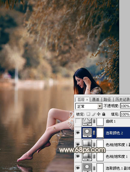 Photoshop给水边的美女图片加上暗调金秋色10