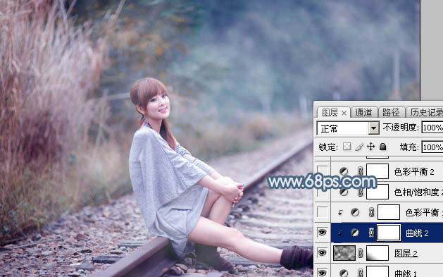 Photoshop给铁轨上的美女加上梦幻的淡蓝色11