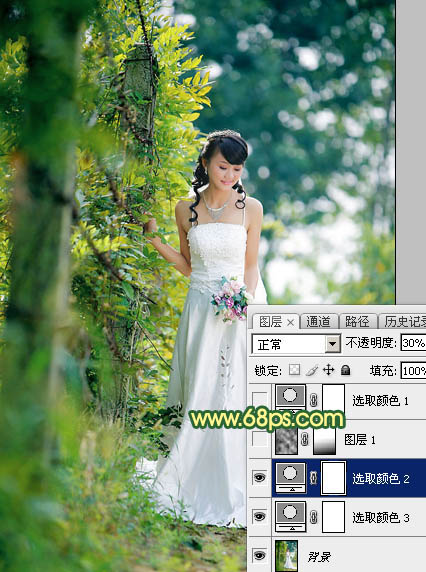 Photoshop打造甜美的橙绿色树林婚片5