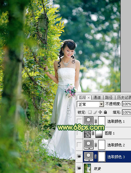 Photoshop打造甜美的橙绿色树林婚片3