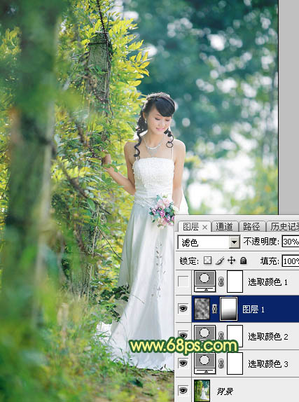 Photoshop打造甜美的橙绿色树林婚片6