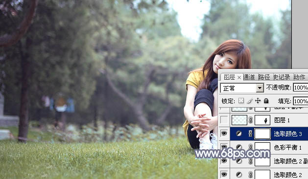 Photoshop给草地上的美女加上柔美的淡调青黄色22
