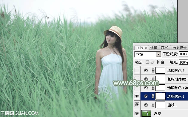 Photoshop给绿草丛中的人物调出淡调甜美的青绿色7