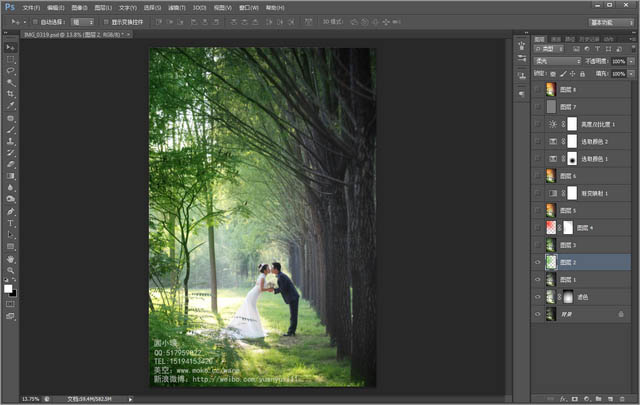 Photoshop给偏暗的树林婚片增加灿烂的阳光色彩5
