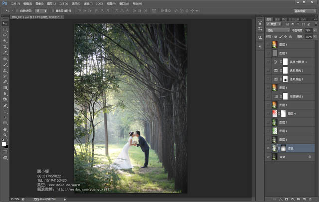 Photoshop给偏暗的树林婚片增加灿烂的阳光色彩4