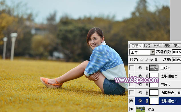 Photoshop给草地人物调出淡调蓝黄色技巧6