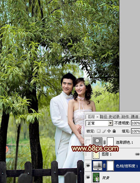 Photoshop打造甜美的青黄色树林婚片5