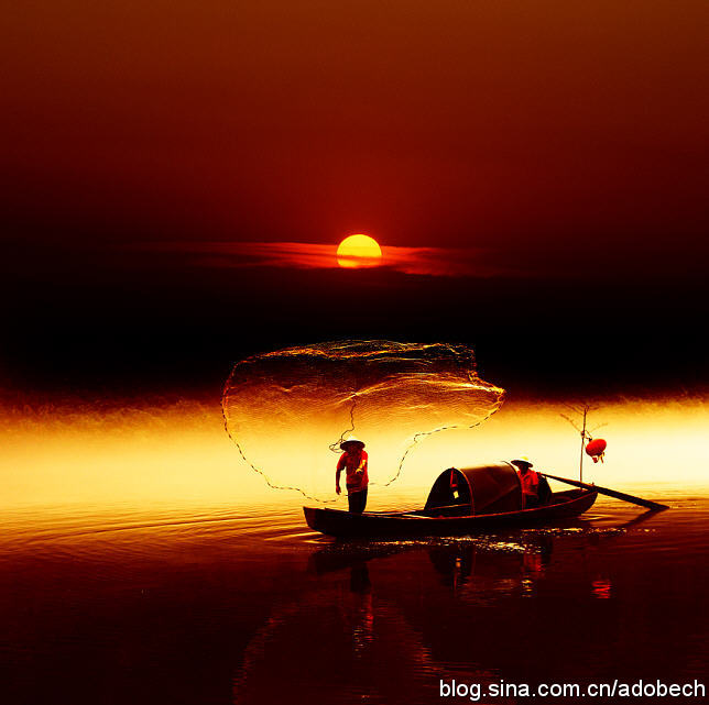 Photoshop打造晨曦中的江上渔船美图3