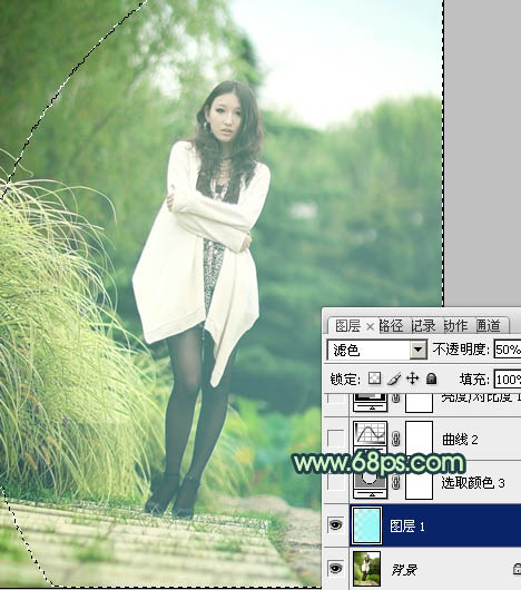 Photoshop给绿荫中的人物照片加上韩系淡青色3