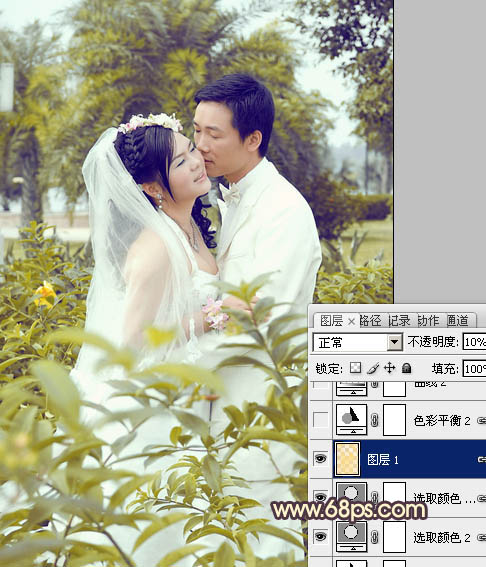 Photoshop给树林婚片加上柔和的古典黄绿色17