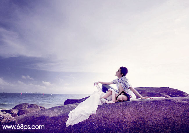 Photoshop打造经典蓝紫色海景婚片教程3