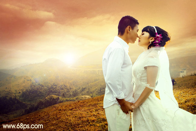 Photoshop给山景婚片增加漂亮的霞光色2