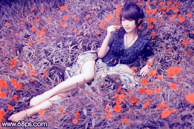 Photoshop调出草地人物照片柔和的紫红色2