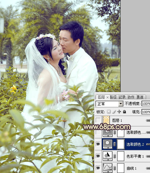 Photoshop给树林婚片加上柔和的古典黄绿色15