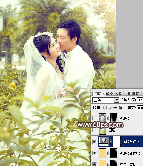 Photoshop给树林婚片加上柔和的古典黄绿色25