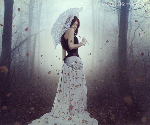 Photoshop合成森林中正在漫步的打伞女孩1