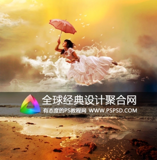 PS经典合成海边带伞飞翔的仙女1