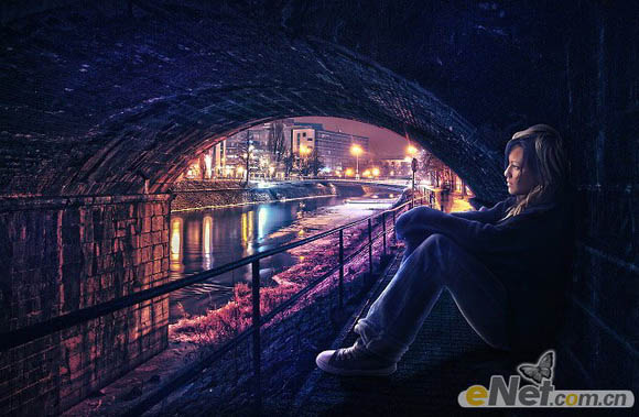 PS合成桥在洞中欣赏夜景的孤独美女技巧2