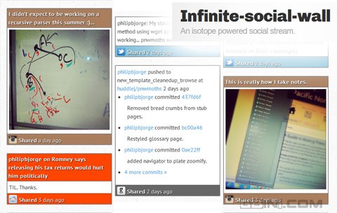 Pinterest.com界面风格的社交展示web应用：Infinite-social-wall1