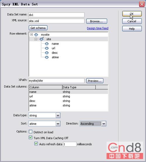 在Dreamweaver CS3中用Spry将XML数据显示到HTML页2