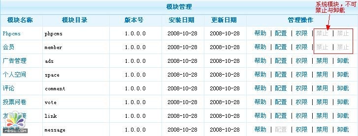 PhpCms系统设置:模块管理2