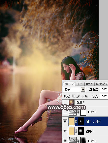 Photoshop给水边的美女加上暗调红褐色25