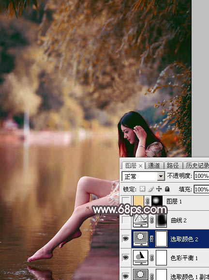 Photoshop给水边的美女加上暗调红褐色21