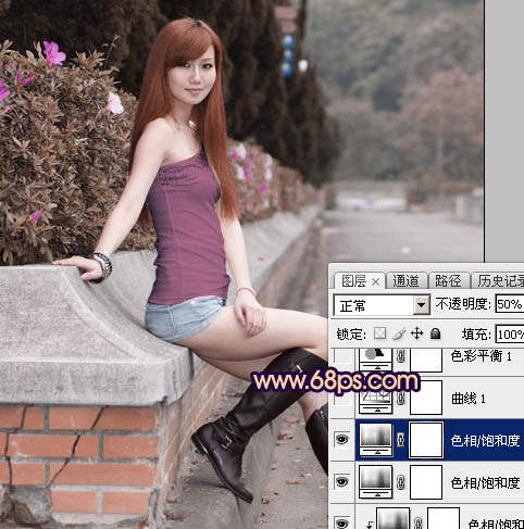 Photoshop给景区美女加上昏暗的高对比晨曦色14