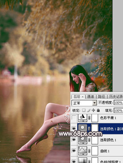 Photoshop给水边的美女加上暗调红褐色14