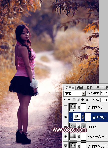 Photoshop打造唯美的暗调紫红色树林人物图片15