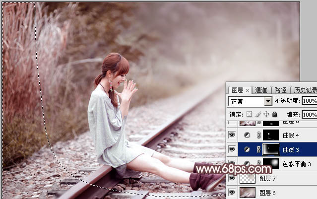 Photoshop给铁轨边的美女加上暗调中性红褐色40