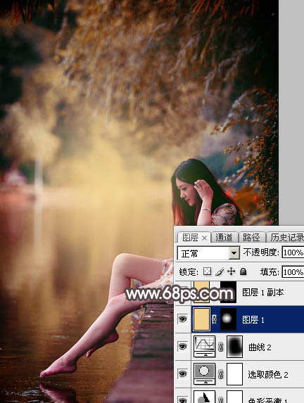 Photoshop给水边的美女加上暗调红褐色24