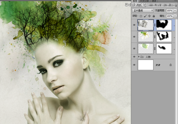 Photoshop合成美女头像抽象的水彩装饰效果18
