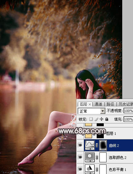 Photoshop给水边的美女加上暗调红褐色23